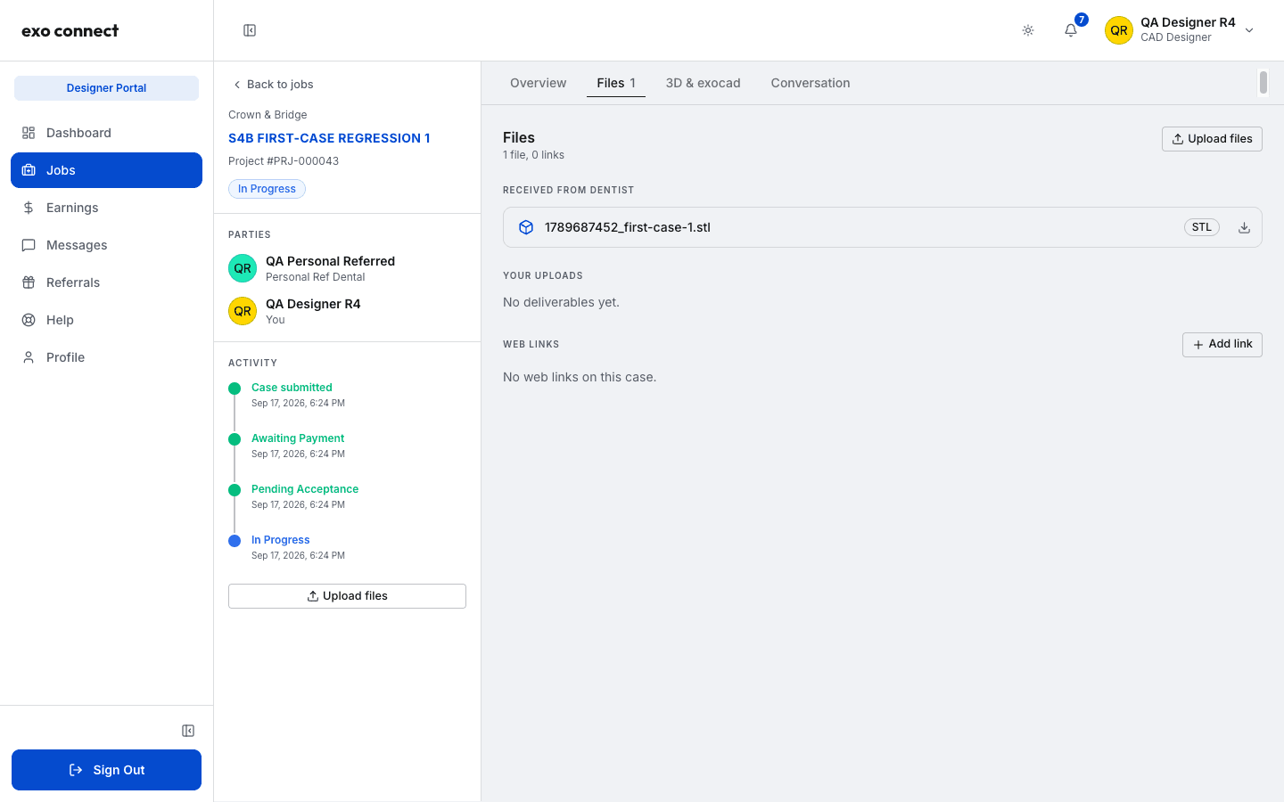 Case workspace showing the left rail with the case title, status, parties and activity timeline, and the Files tab open on the right listing one STL file