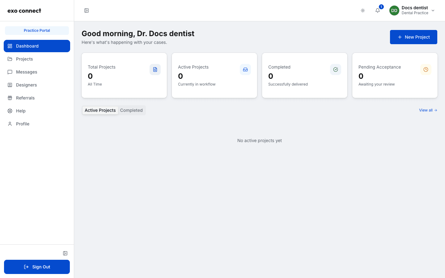 Dentist dashboard showing the left menu with Dashboard, Projects, Messages, Designers, Referrals, Help and Profile, four summary cards, and a New Project button