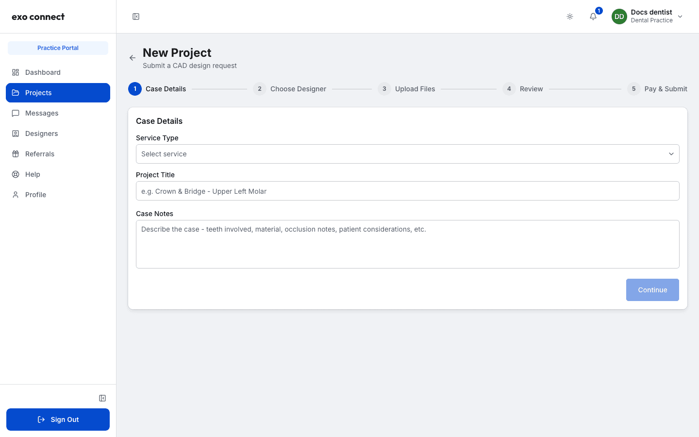 Step 1 of New Project, Case Details, with a Service Type dropdown, a Project Title field and a Case Notes box