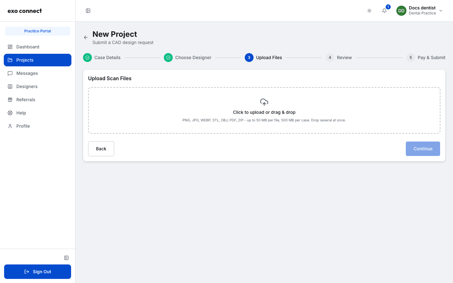 Step 3 of New Project, Upload Scan Files, showing a dashed drop area that reads Click to upload or drag and drop with the accepted file types listed underneath
