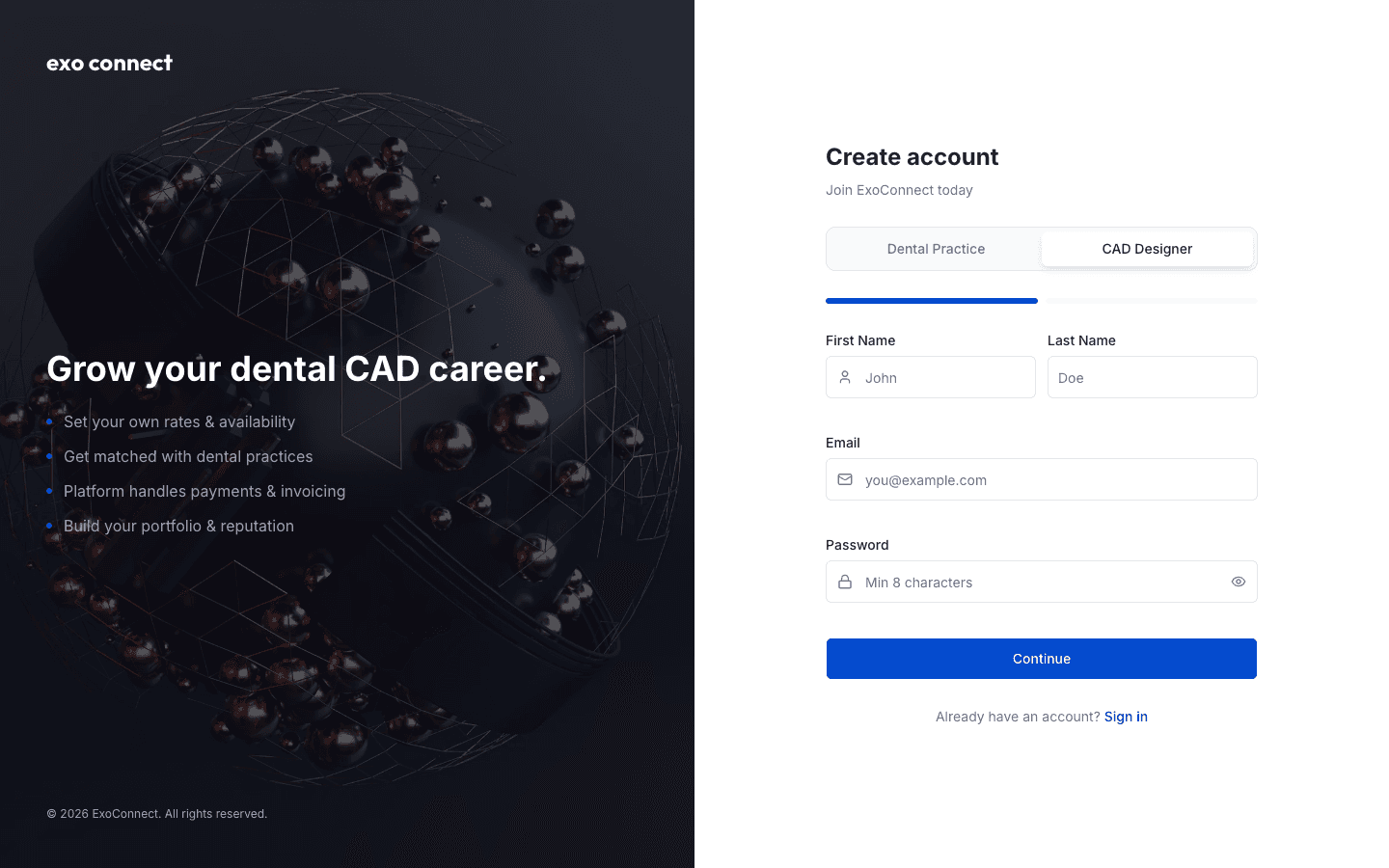 ExoConnect sign up page with the CAD Designer tab selected, showing the First Name, Last Name, Email and Password fields above a Continue button