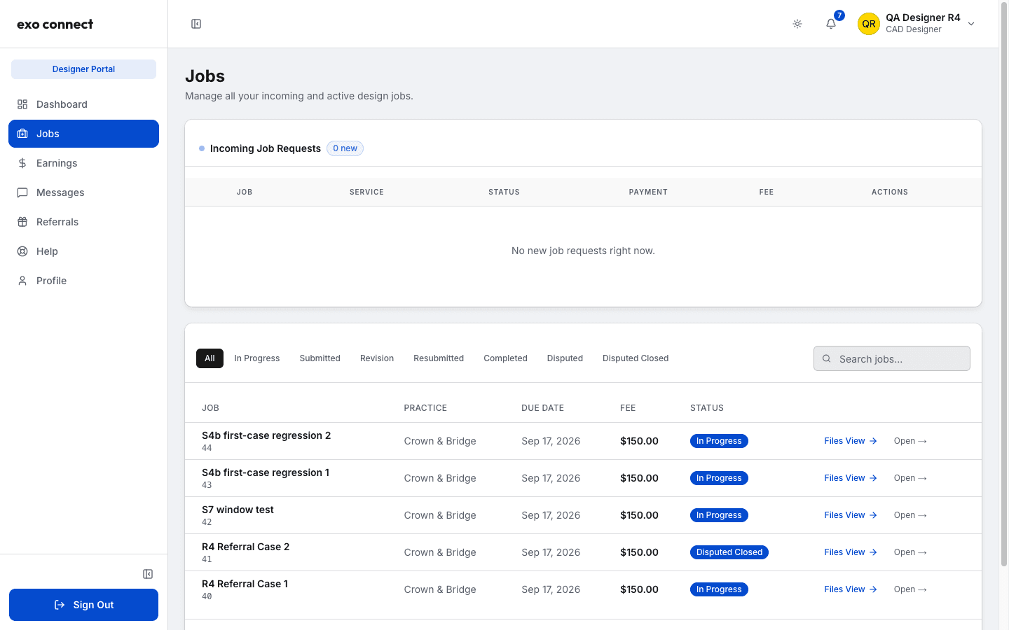 Designer Jobs page with an empty Incoming Job Requests table at the top and a list of active jobs below showing job title, service, due date, fee and status
