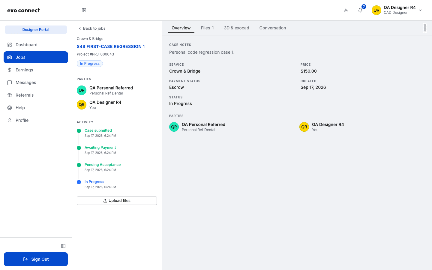 Overview tab of an in progress case showing a payment status of Escrow next to a price of 150 dollars