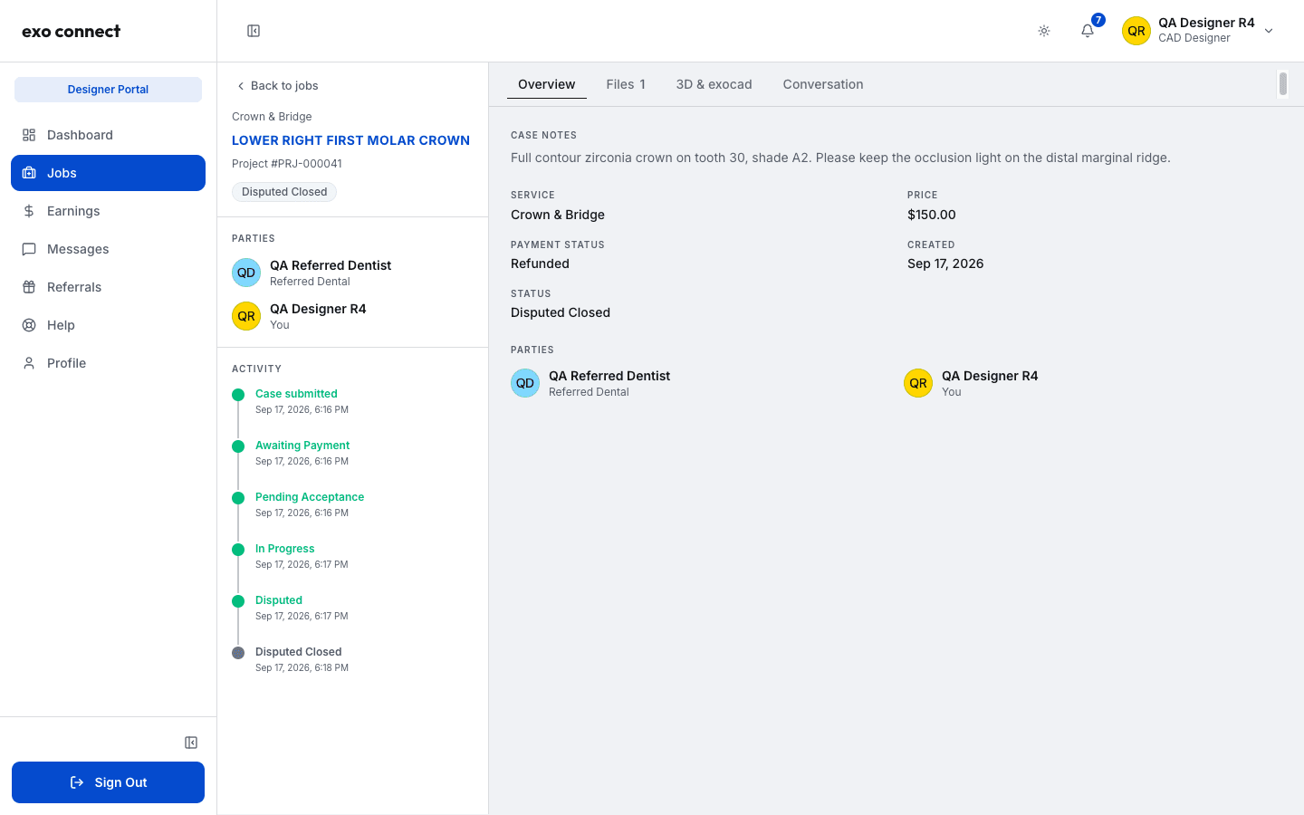 Overview tab of a closed dispute showing a payment status of Refunded, a status of Disputed Closed, and an activity timeline ending with Disputed and Disputed Closed