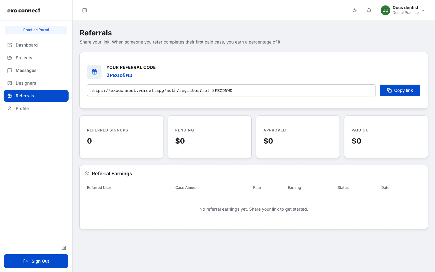 Referrals page showing the referral code, share link, and Copy link button, with Pending, Approved, and Paid totals all at zero